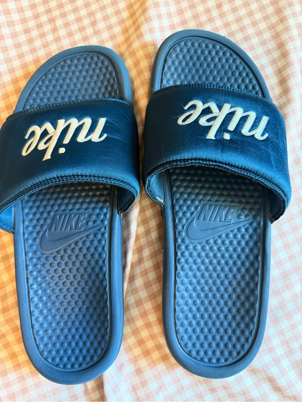 Nike Youth Navy Blue Slide Sandals with White Script Logo